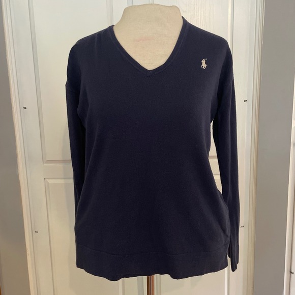 Polo Ralph Lauren V-Neck Sweater Top Long Sleeve Women's Classic Navy Blue knit - Picture 1 of 13